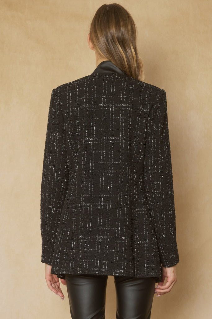 Entro Black And White Tweed Collared Blazer With Contrast Faux Leather Detail-Blazers-Entro-Deja Nu Boutique, Women's Fashion Boutique in Lampasas, Texas