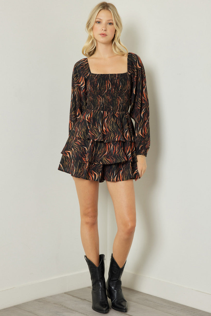 Entro Black Flame Print Square Neck Long Sleeve Tiered Romper-Rompers & Jumpsuits-Entro-Deja Nu Boutique, Women's Fashion Boutique in Lampasas, Texas