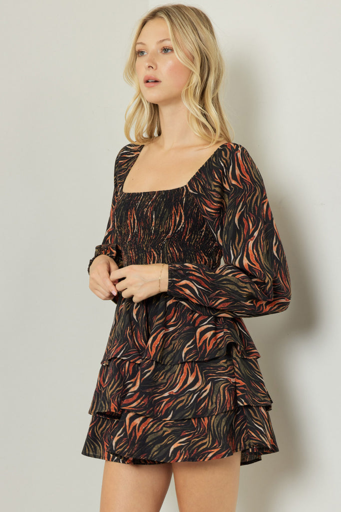 Entro Black Flame Print Square Neck Long Sleeve Tiered Romper-Rompers & Jumpsuits-Entro-Deja Nu Boutique, Women's Fashion Boutique in Lampasas, Texas