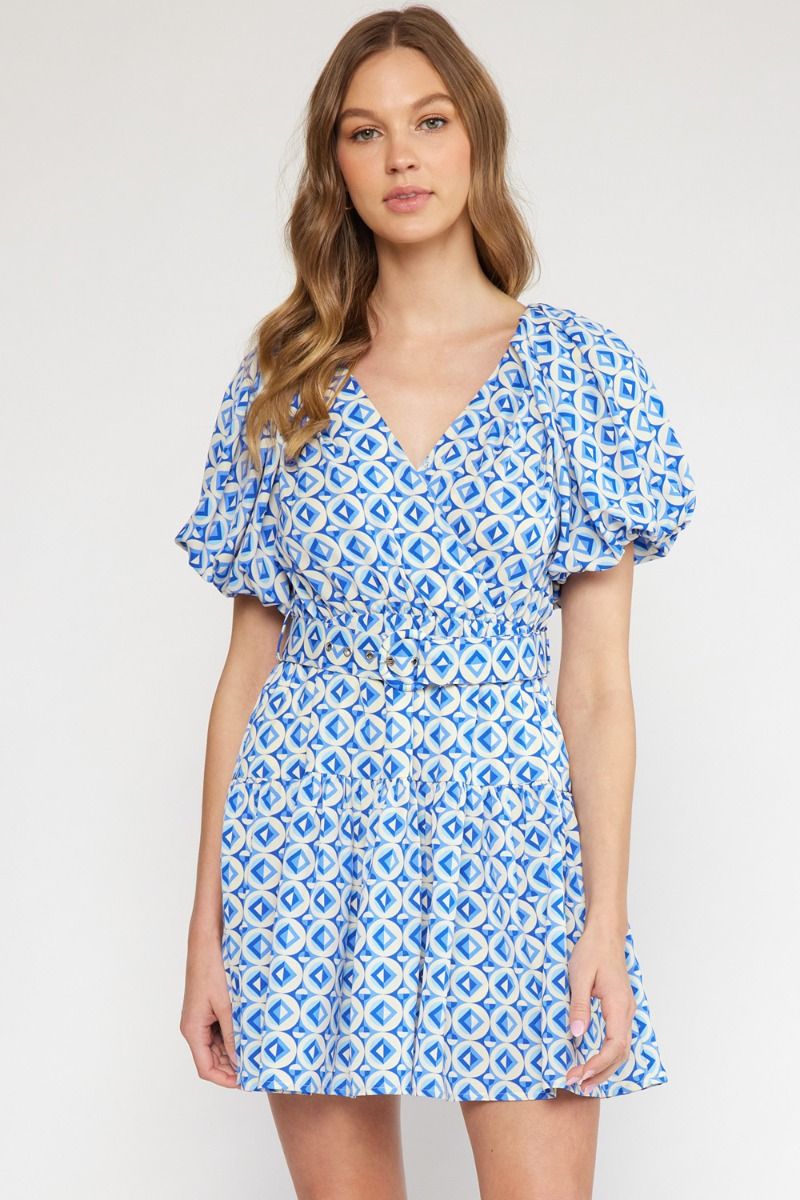 Entro Blue Geo Print V-Neck Puff Sleeve Mini Dress-Short Dresses-Entro-Deja Nu Boutique, Women's Fashion Boutique in Lampasas, Texas