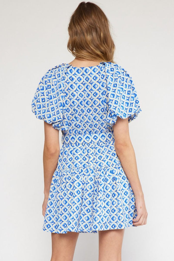 Entro Blue Geo Print V-Neck Puff Sleeve Mini Dress-Short Dresses-Entro-Deja Nu Boutique, Women's Fashion Boutique in Lampasas, Texas