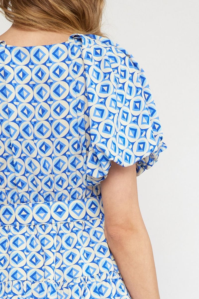 Entro Blue Geo Print V-Neck Puff Sleeve Mini Dress-Short Dresses-Entro-Deja Nu Boutique, Women's Fashion Boutique in Lampasas, Texas