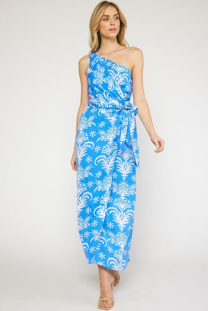 Entro Blue Tropical Print One-Shoulder Sleeveless Maxi Dress-Maxi Dresses-Entro-Deja Nu Boutique, Women's Fashion Boutique in Lampasas, Texas