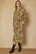 Entro Camel And Black Zebra Print Button Up Maxi Dress With Pockets-Maxi Dresses-Entro-Deja Nu Boutique, Women's Fashion Boutique in Lampasas, Texas