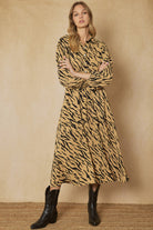 Entro Camel And Black Zebra Print Button Up Maxi Dress With Pockets-Maxi Dresses-Entro-Deja Nu Boutique, Women's Fashion Boutique in Lampasas, Texas