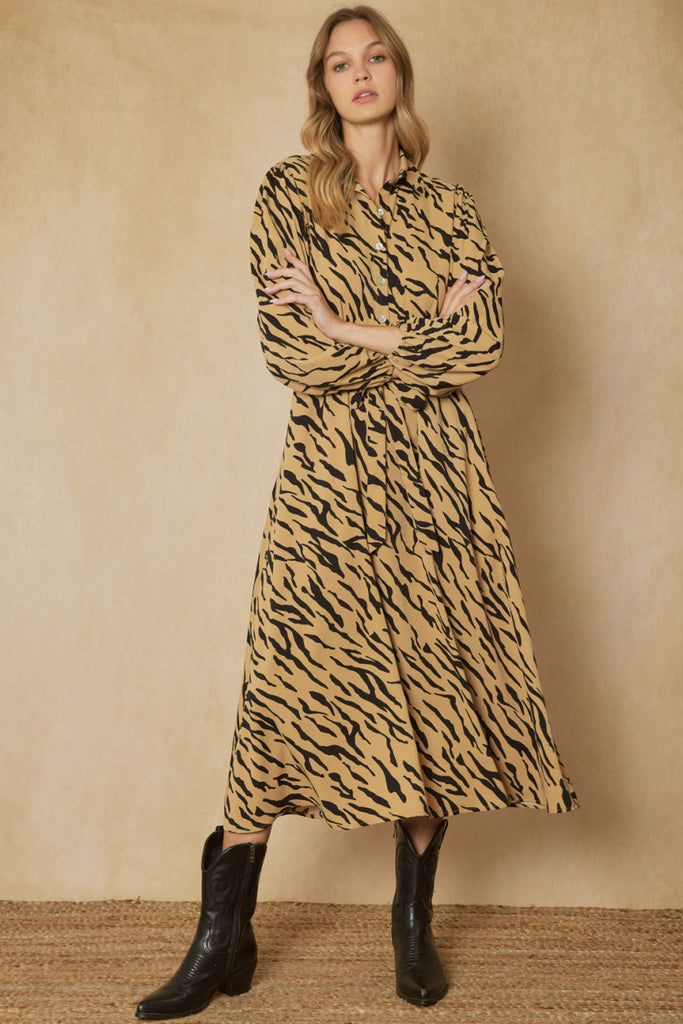 Entro Camel And Black Zebra Print Button Up Maxi Dress With Pockets-Maxi Dresses-Entro-Deja Nu Boutique, Women's Fashion Boutique in Lampasas, Texas