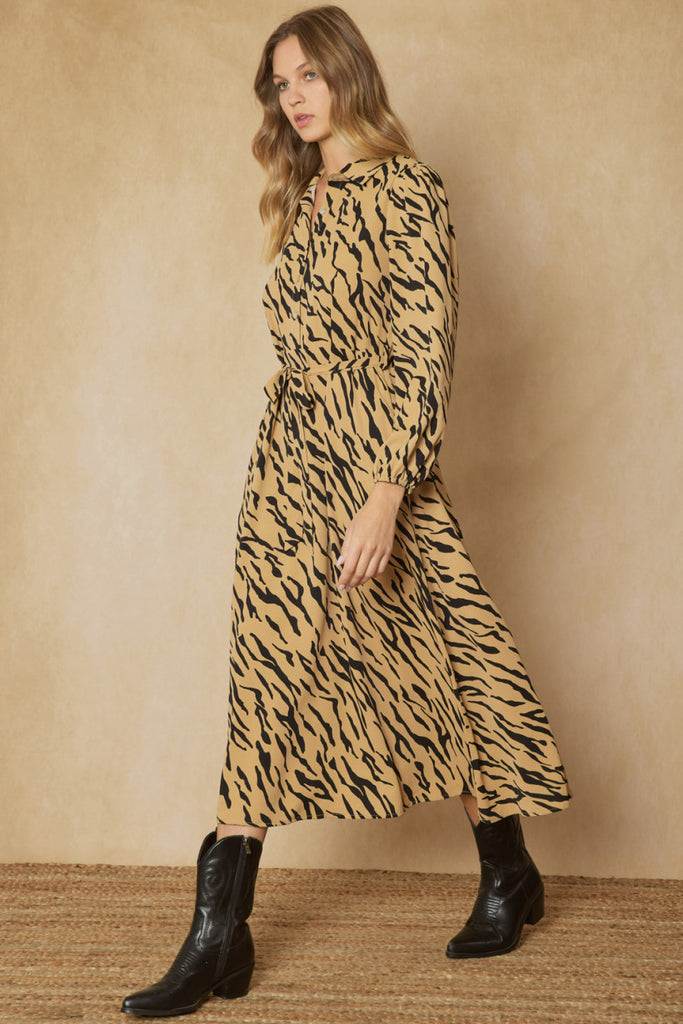 Entro Camel And Black Zebra Print Button Up Maxi Dress With Pockets-Maxi Dresses-Entro-Deja Nu Boutique, Women's Fashion Boutique in Lampasas, Texas