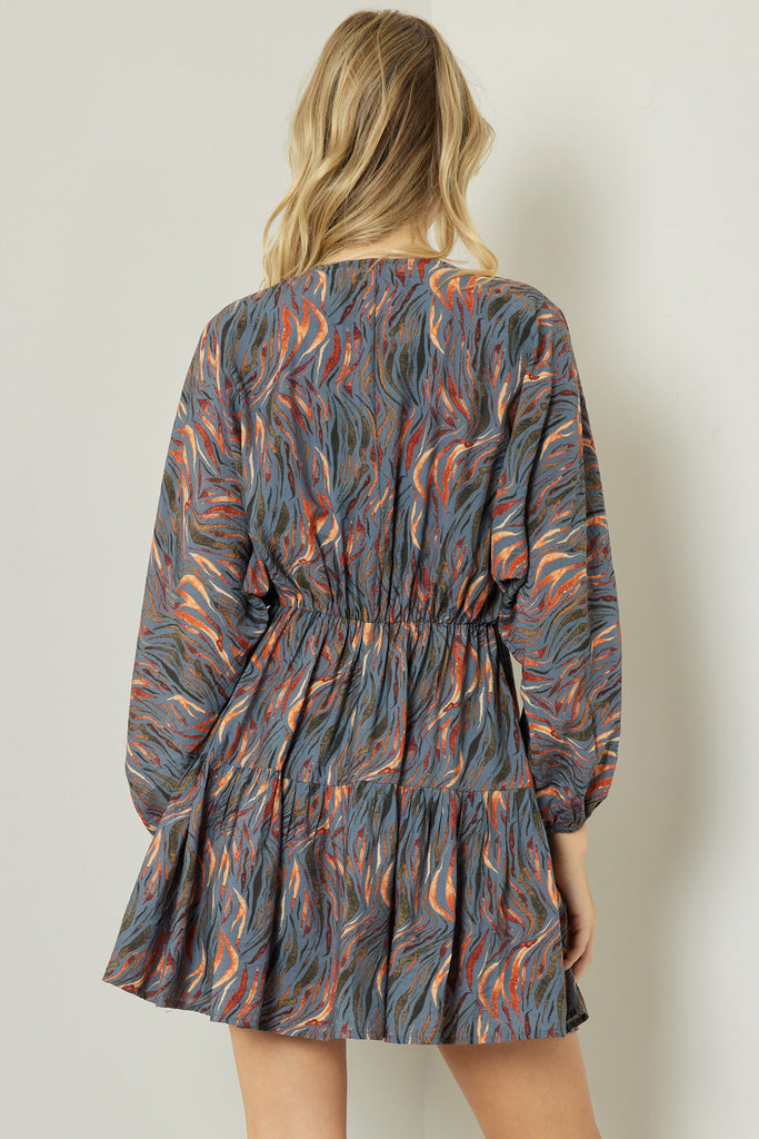 Entro Charcoal Flame Print Long Sleeve Mini Dress-Dresses-Entro-Deja Nu Boutique, Women's Fashion Boutique in Lampasas, Texas