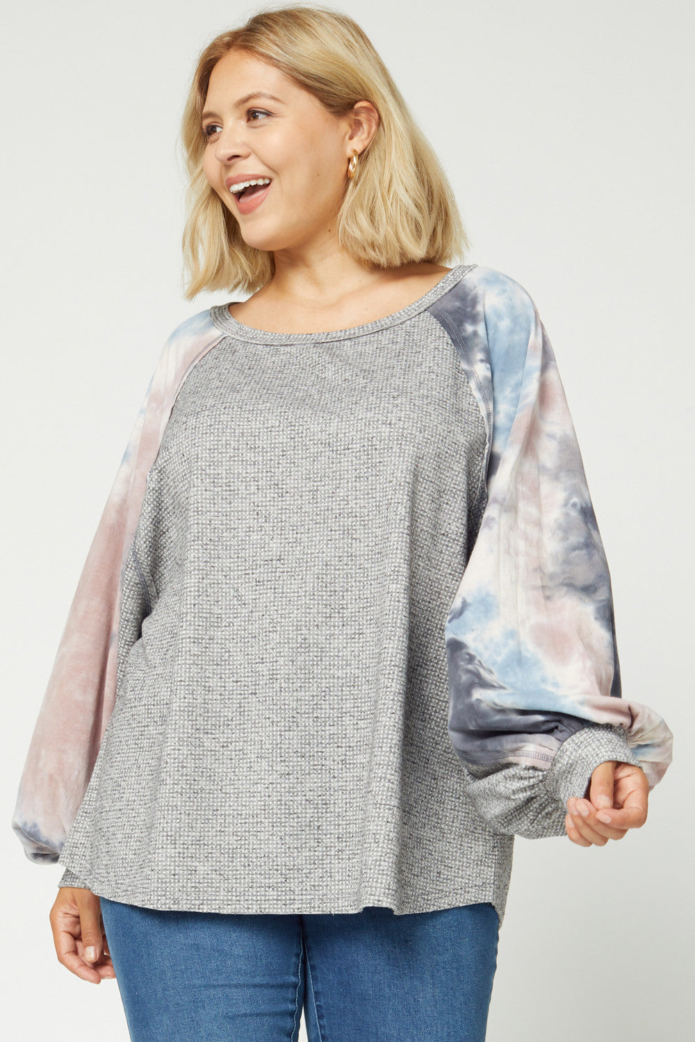 Entro Charcoal Tie Dye Puffy Sleeve Top Plus-Curvy/Plus Tops-Entro-Deja Nu Boutique, Women's Fashion Boutique in Lampasas, Texas