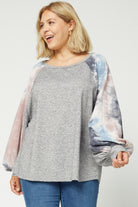 Entro Charcoal Tie Dye Puffy Sleeve Top Plus-Curvy/Plus Tops-Entro-Deja Nu Boutique, Women's Fashion Boutique in Lampasas, Texas