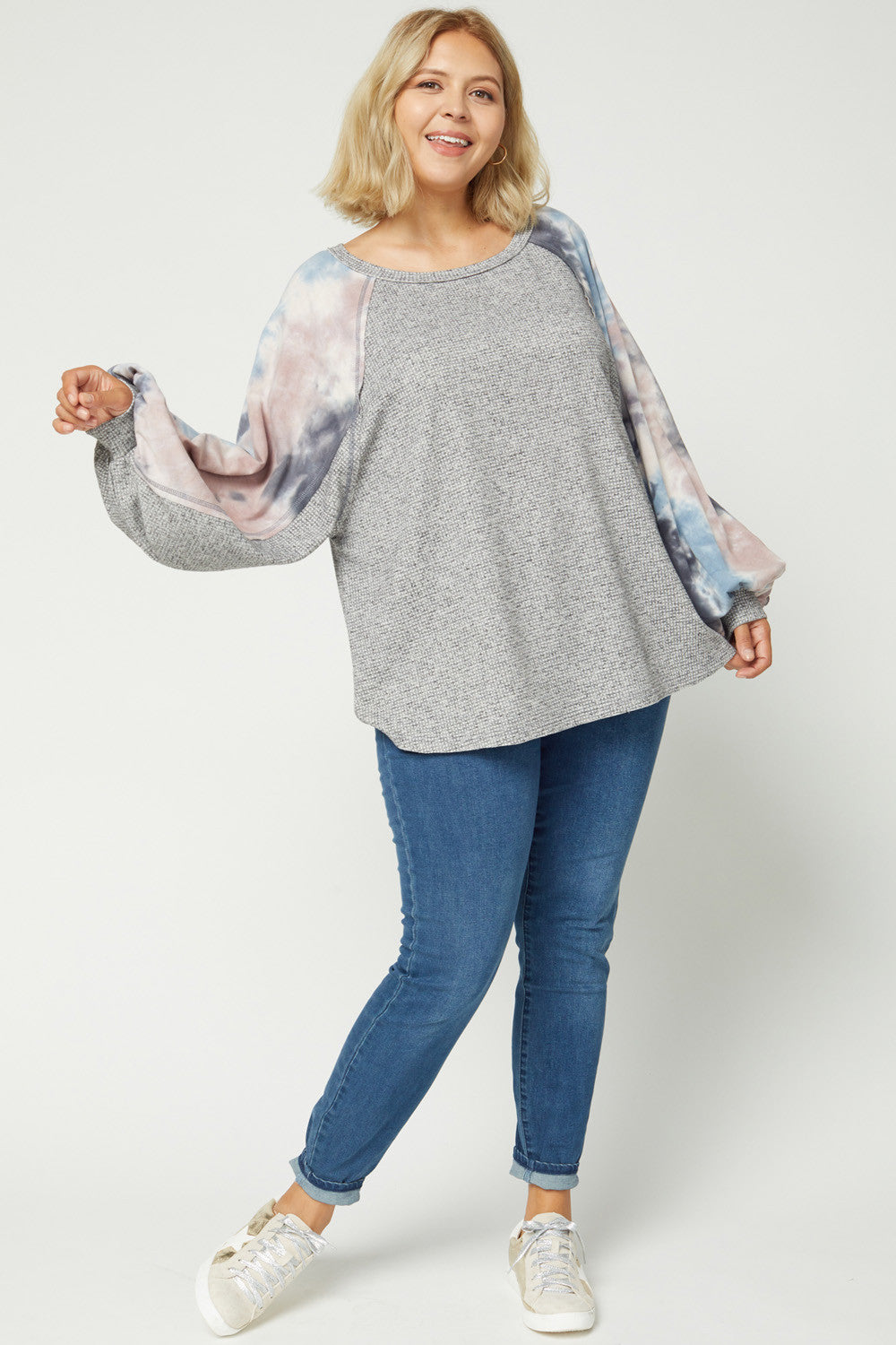 Entro Charcoal Tie Dye Puffy Sleeve Top Plus-Curvy/Plus Tops-Entro-Deja Nu Boutique, Women's Fashion Boutique in Lampasas, Texas