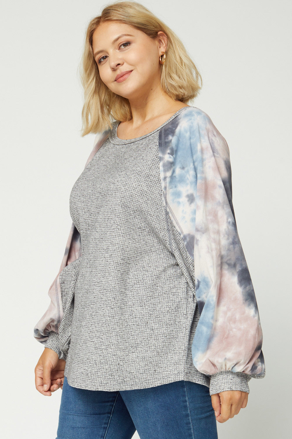 Entro Charcoal Tie Dye Puffy Sleeve Top Plus-Curvy/Plus Tops-Entro-Deja Nu Boutique, Women's Fashion Boutique in Lampasas, Texas