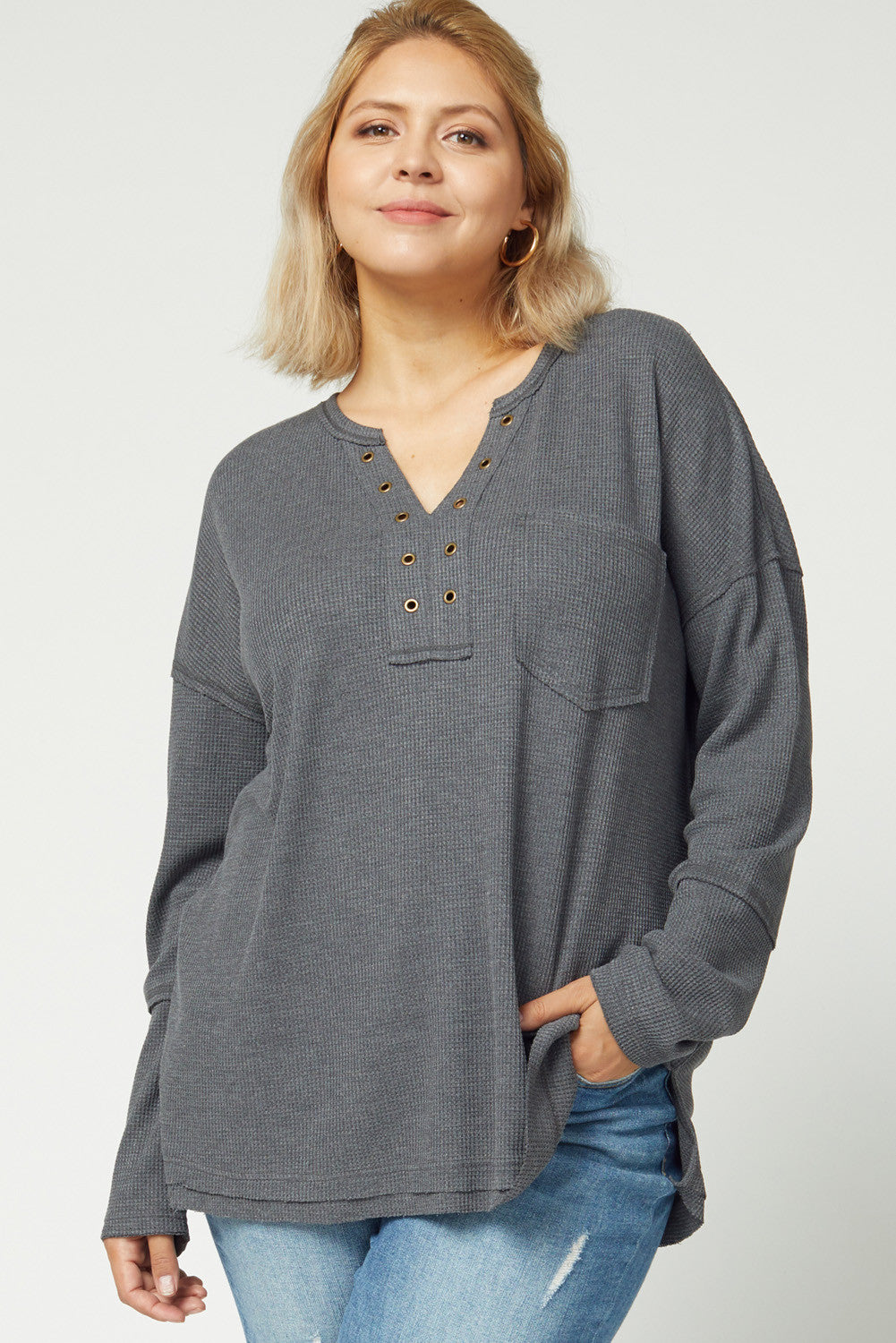 Entro Charcoal V Neck With Grommets Plus Top-Curvy/Plus Basics-Entro-Deja Nu Boutique, Women's Fashion Boutique in Lampasas, Texas