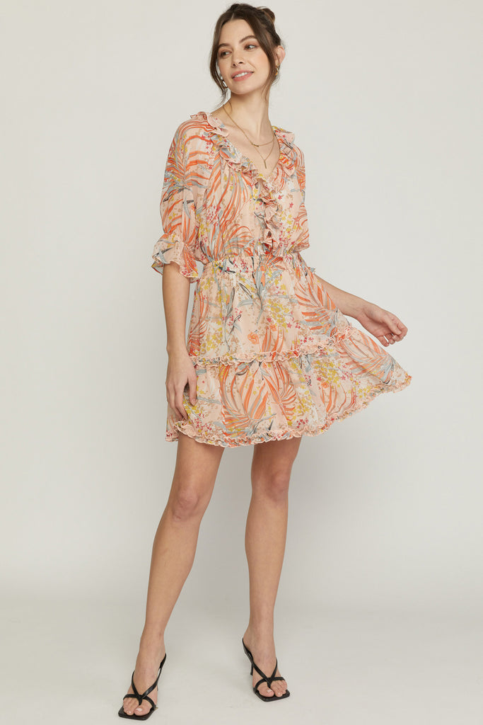 Entro Coral Print Dress With Ruffle Detail And Smocked Waist-Short Dresses-Entro-Deja Nu Boutique, Women's Fashion Boutique in Lampasas, Texas