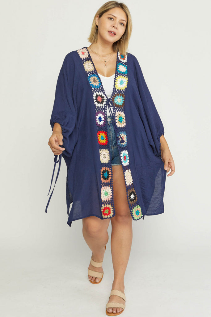 Entro Crochet Trim Open Front Kimono With Self Tie Closure In Navy Plus-Curvy/Plus Outerwear-Entro-Deja Nu Boutique, Women's Fashion Boutique in Lampasas, Texas