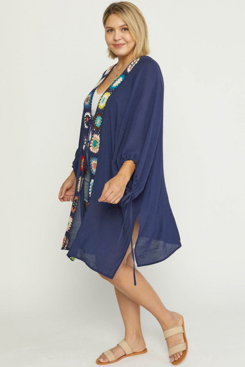 Entro Crochet Trim Open Front Kimono With Self Tie Closure In Navy Plus-Curvy/Plus Outerwear-Entro-Deja Nu Boutique, Women's Fashion Boutique in Lampasas, Texas