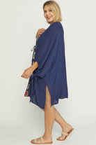 Entro Crochet Trim Open Front Kimono With Self Tie Closure In Navy Plus-Curvy/Plus Outerwear-Entro-Deja Nu Boutique, Women's Fashion Boutique in Lampasas, Texas