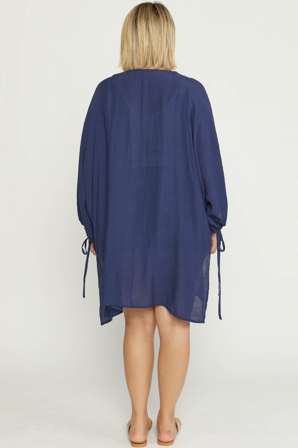 Entro Crochet Trim Open Front Kimono With Self Tie Closure In Navy Plus-Curvy/Plus Outerwear-Entro-Deja Nu Boutique, Women's Fashion Boutique in Lampasas, Texas