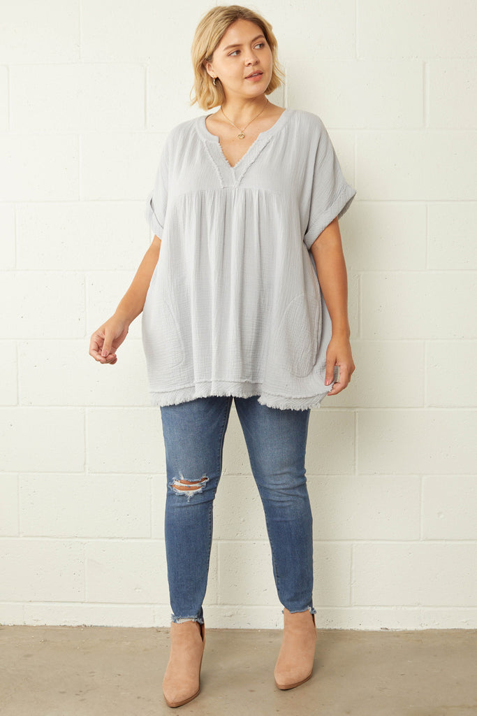 Entro Dusty Blue Crinkled Plus Top With Frayed Hems-Curvy/Plus Basics-Entro-Deja Nu Boutique, Women's Fashion Boutique in Lampasas, Texas