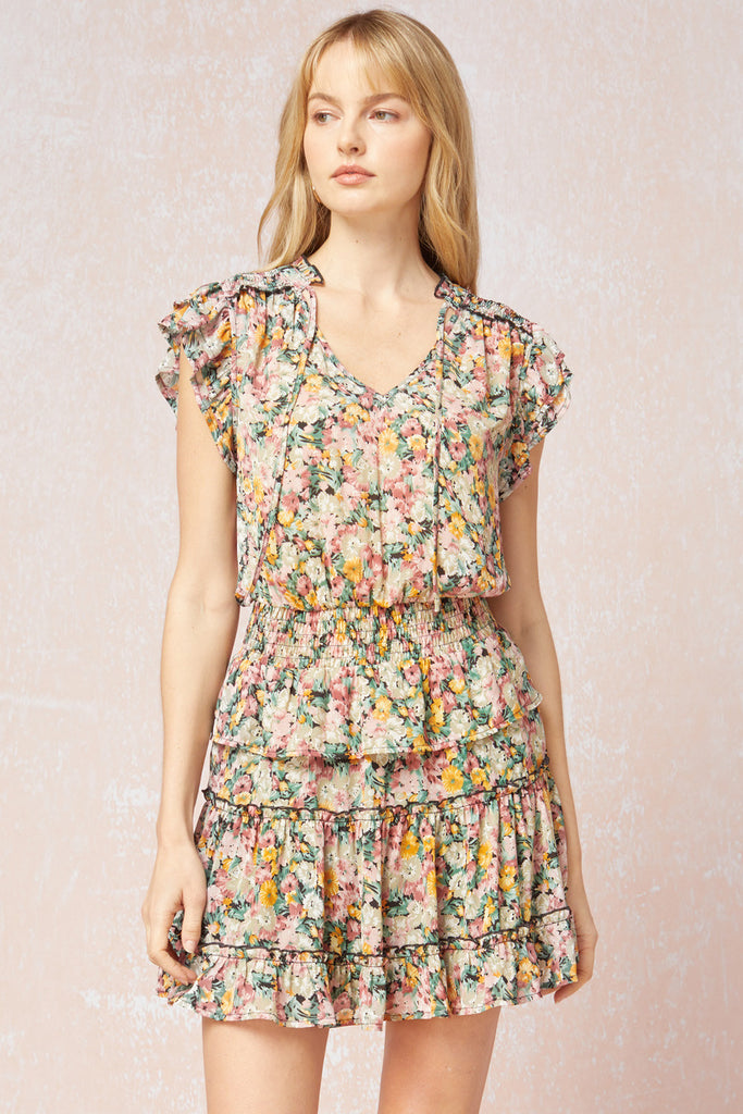 Entro Floral Smocked Tiered Dress-Short Dresses-Entro-Deja Nu Boutique, Women's Fashion Boutique in Lampasas, Texas
