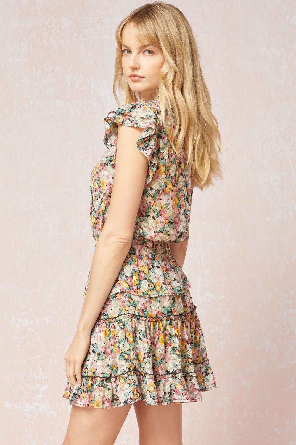 Entro Floral Smocked Tiered Dress-Short Dresses-Entro-Deja Nu Boutique, Women's Fashion Boutique in Lampasas, Texas