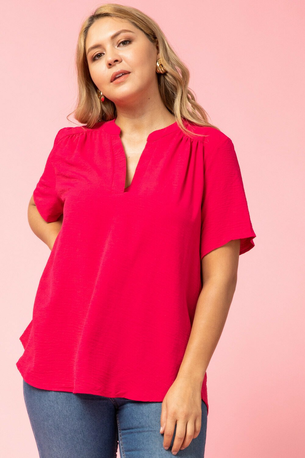 Entro Fuchsia V Neck Plus Blouse-Curvy/Plus Tops-Entro-Deja Nu Boutique, Women's Fashion Boutique in Lampasas, Texas