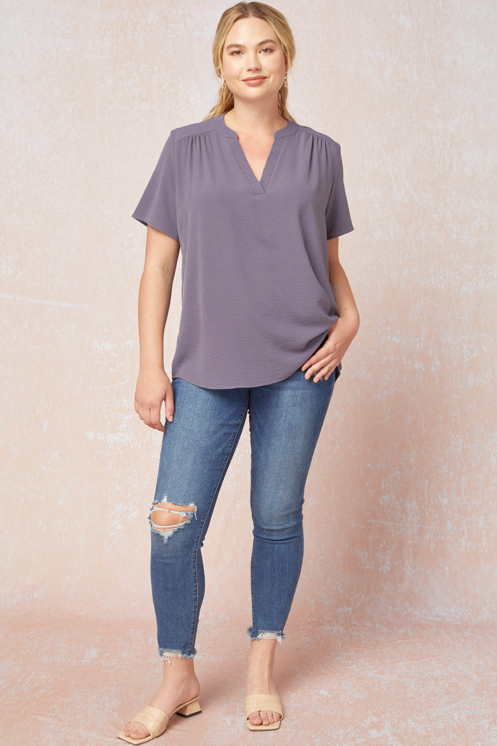 Entro Grey V-Neck Plus Top-Curvy/Plus Basics-Entro-Deja Nu Boutique, Women's Fashion Boutique in Lampasas, Texas