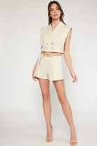 Entro High-Waisted Shorts Featuring Front Flap And Chain Link Detail In Natural-Shorts-Entro-Deja Nu Boutique, Women's Fashion Boutique in Lampasas, Texas