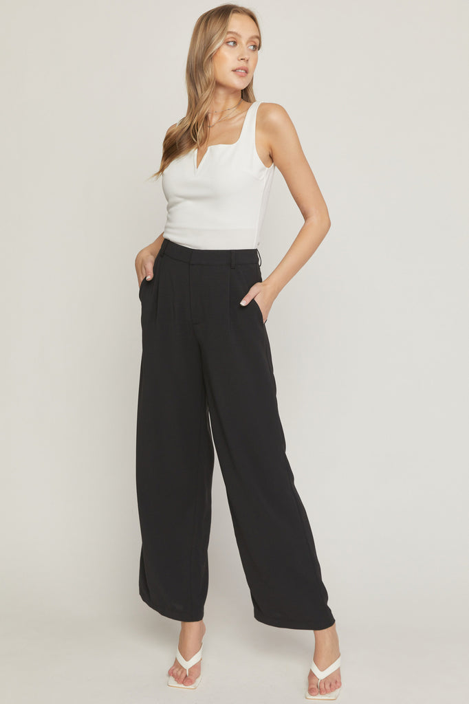 Entro High Waisted Full Leg Pants With Pockets In Black-Pants-Entro-Deja Nu Boutique, Women's Fashion Boutique in Lampasas, Texas