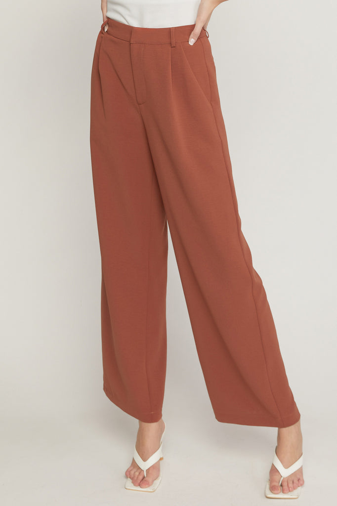 Entro High Waisted Full Leg Pants With Pockets In Brown-Pants-Entro-Deja Nu Boutique, Women's Fashion Boutique in Lampasas, Texas
