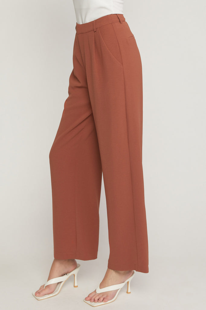 Entro High Waisted Full Leg Pants With Pockets In Brown-Pants-Entro-Deja Nu Boutique, Women's Fashion Boutique in Lampasas, Texas