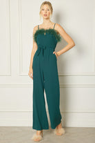 Entro Hunter Green Spaghetti Strap Jumpsuit Featuring Feather Trim Detail At Bust-Rompers & Jumpsuits-Entro-Deja Nu Boutique, Women's Fashion Boutique in Lampasas, Texas