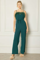 Entro Hunter Green Spaghetti Strap Jumpsuit Featuring Feather Trim Detail At Bust-Rompers & Jumpsuits-Entro-Deja Nu Boutique, Women's Fashion Boutique in Lampasas, Texas