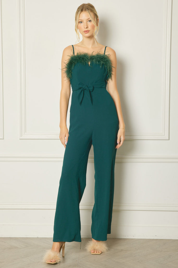 Entro Hunter Green Spaghetti Strap Jumpsuit Featuring Feather Trim Detail At Bust-Rompers & Jumpsuits-Entro-Deja Nu Boutique, Women's Fashion Boutique in Lampasas, Texas