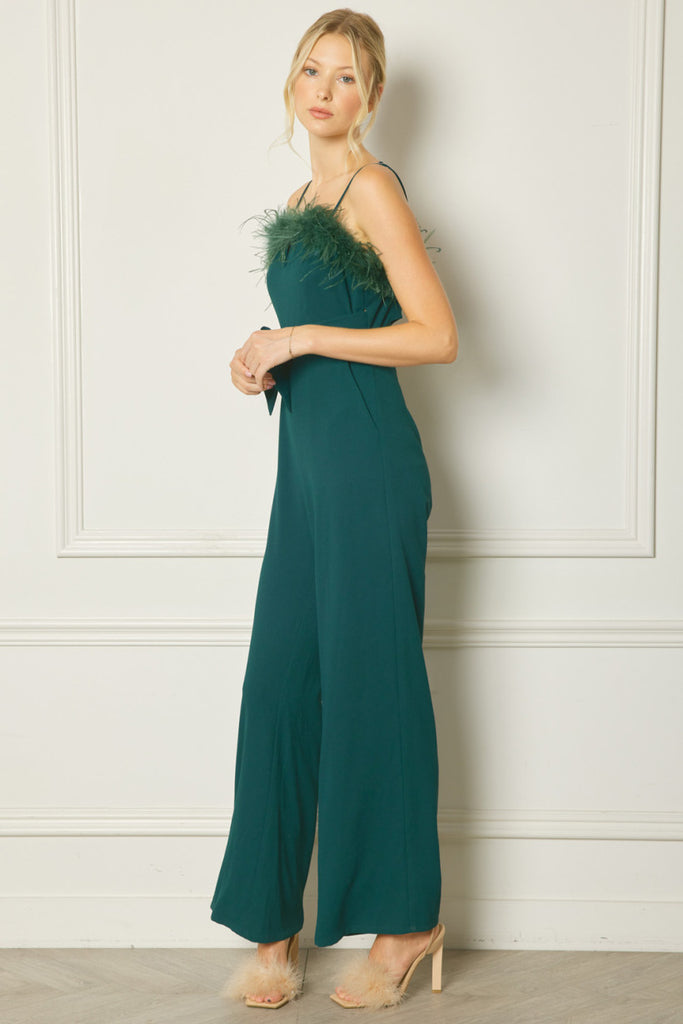 Entro Hunter Green Spaghetti Strap Jumpsuit Featuring Feather Trim Detail At Bust-Rompers & Jumpsuits-Entro-Deja Nu Boutique, Women's Fashion Boutique in Lampasas, Texas