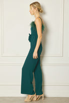 Entro Hunter Green Spaghetti Strap Jumpsuit Featuring Feather Trim Detail At Bust-Rompers & Jumpsuits-Entro-Deja Nu Boutique, Women's Fashion Boutique in Lampasas, Texas