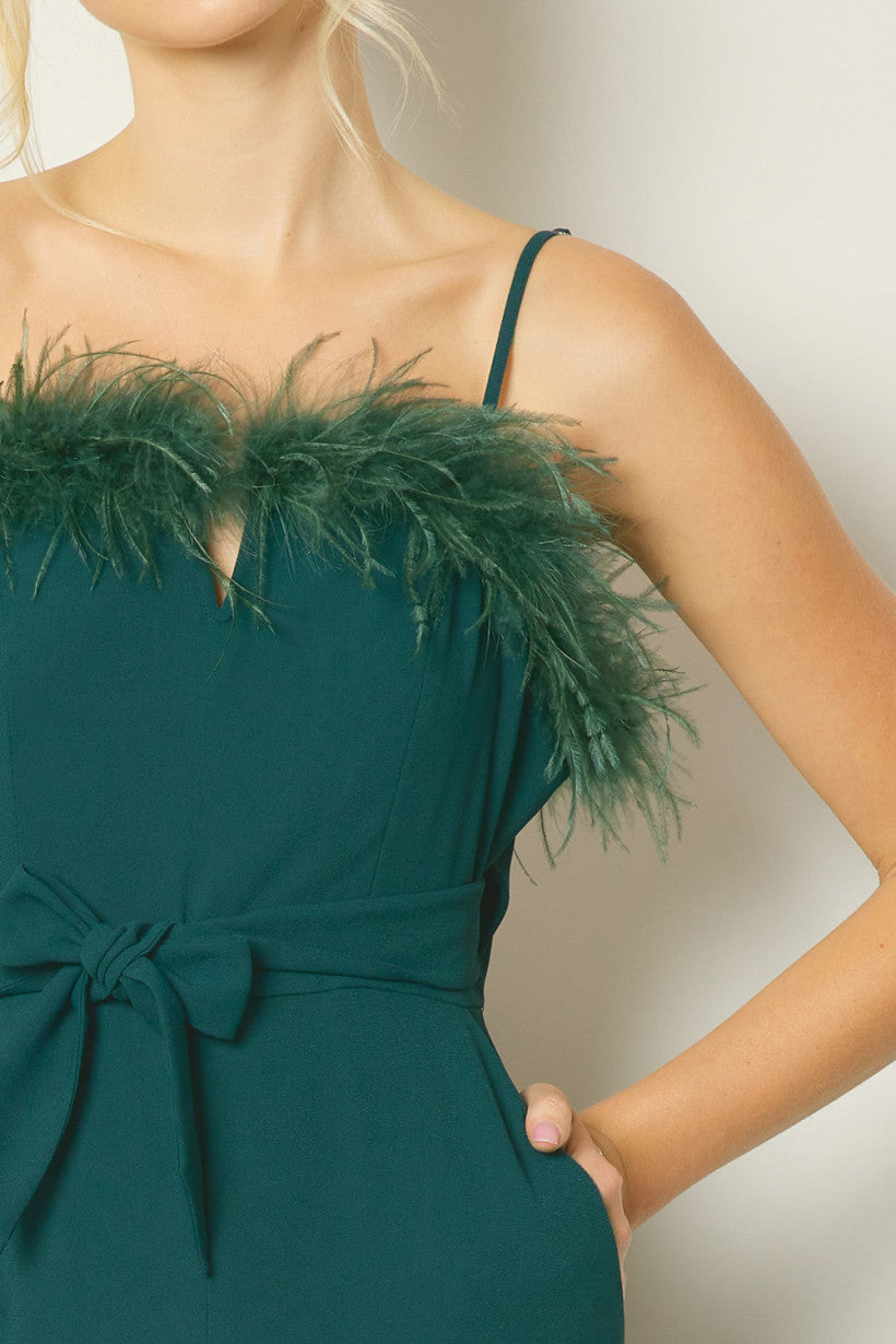 Entro Hunter Green Spaghetti Strap Jumpsuit Featuring Feather Trim Detail At Bust-Rompers & Jumpsuits-Entro-Deja Nu Boutique, Women's Fashion Boutique in Lampasas, Texas