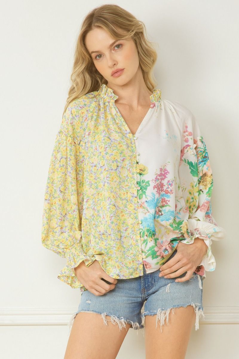 Entro Lemon And Green Floral Contrast Print V-Neck Blouse-Tops-Entro-Deja Nu Boutique, Women's Fashion Boutique in Lampasas, Texas