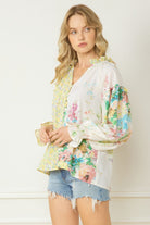 Entro Lemon And Green Floral Contrast Print V-Neck Blouse-Tops-Entro-Deja Nu Boutique, Women's Fashion Boutique in Lampasas, Texas