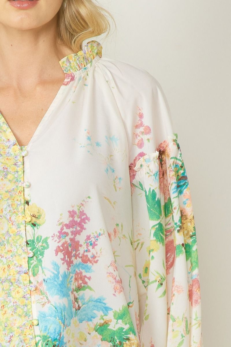 Entro Lemon And Green Floral Contrast Print V-Neck Blouse-Tops-Entro-Deja Nu Boutique, Women's Fashion Boutique in Lampasas, Texas