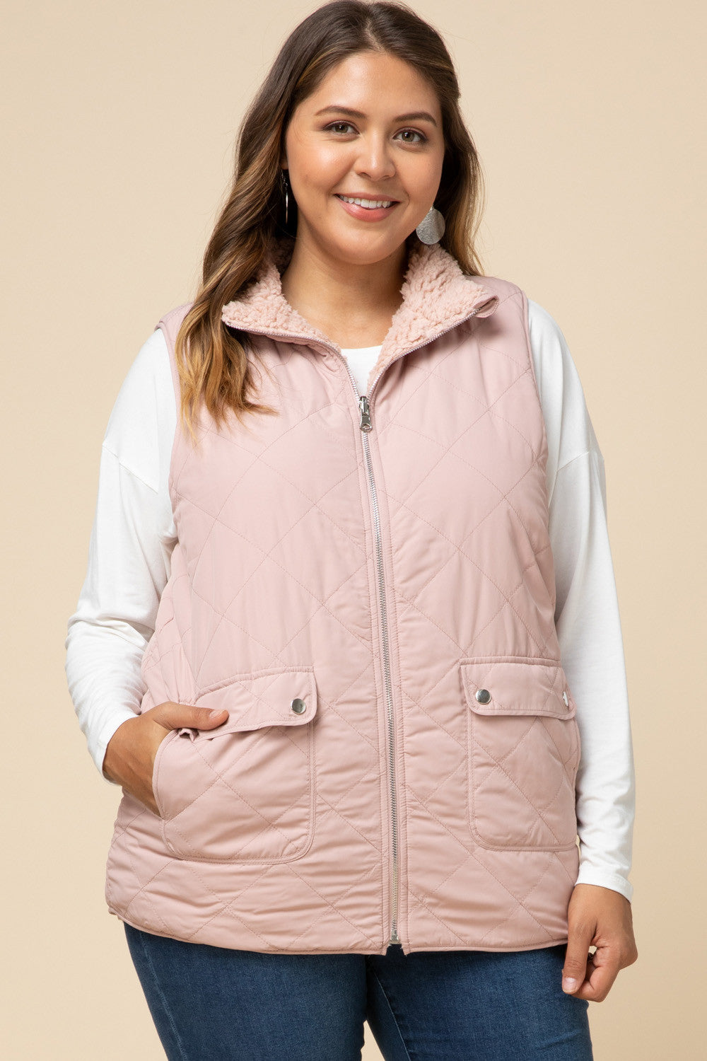 Entro Mauve Sherpa Reversible Plus Vest-Curvy/Plus Outerwear-Entro-Deja Nu Boutique, Women's Fashion Boutique in Lampasas, Texas