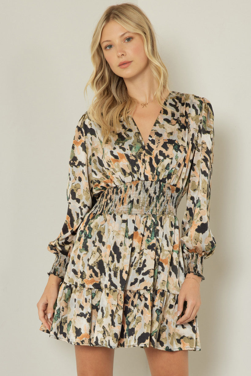 Entro Mocha Rust Satin Animal And Camouflage Print Short Dress-Short Dresses-Entro-Deja Nu Boutique, Women's Fashion Boutique in Lampasas, Texas