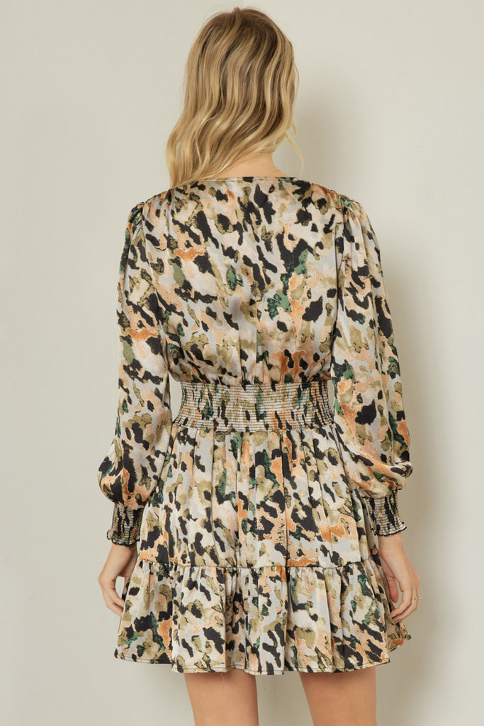 Entro Mocha Rust Satin Animal And Camouflage Print Short Dress-Short Dresses-Entro-Deja Nu Boutique, Women's Fashion Boutique in Lampasas, Texas