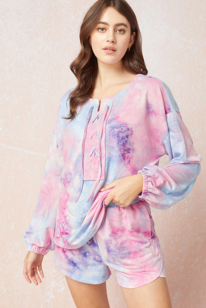 Entro Pink/Blue Tie Dye Long Sleeve Top-Sleepwear-Entro-Deja Nu Boutique, Women's Fashion Boutique in Lampasas, Texas
