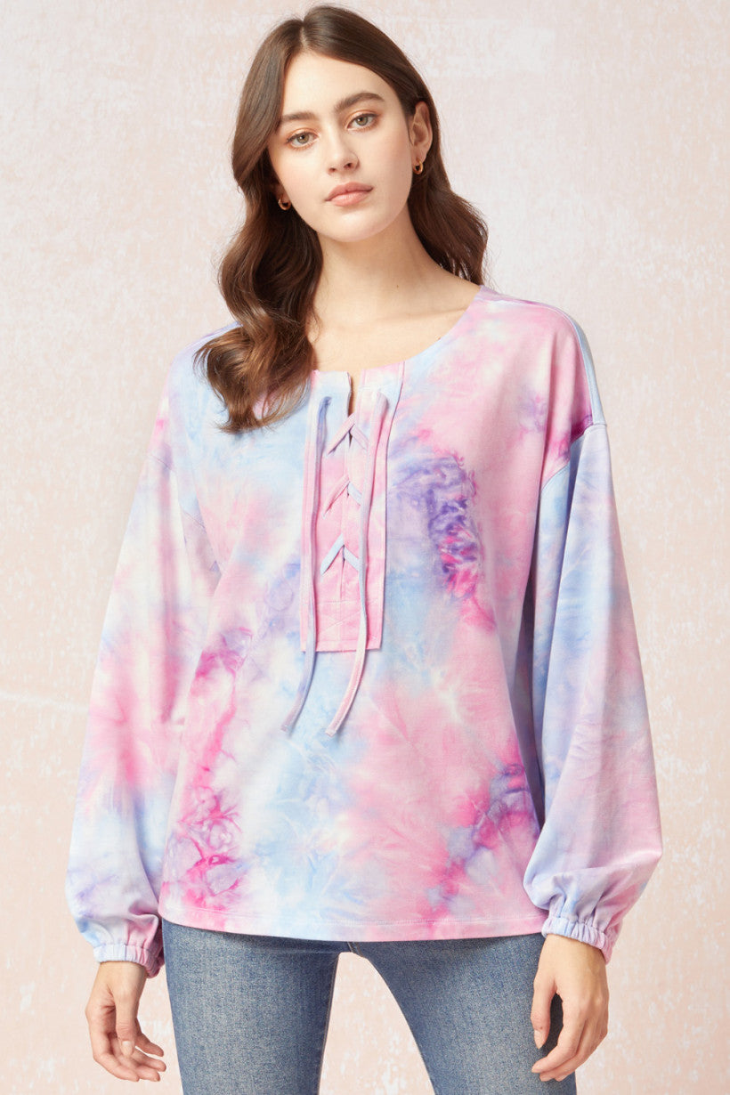 Entro Pink/Blue Tie Dye Long Sleeve Top-Sleepwear-Entro-Deja Nu Boutique, Women's Fashion Boutique in Lampasas, Texas