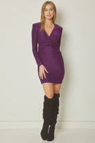 Entro Purple Glittery V-Neck Long Sleeve Mini Dress Featuring Knot Detail At Waist Front-Dresses-Entro-Deja Nu Boutique, Women's Fashion Boutique in Lampasas, Texas