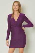 Entro Purple Glittery V-Neck Long Sleeve Mini Dress Featuring Knot Detail At Waist Front-Dresses-Entro-Deja Nu Boutique, Women's Fashion Boutique in Lampasas, Texas