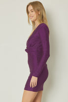 Entro Purple Glittery V-Neck Long Sleeve Mini Dress Featuring Knot Detail At Waist Front-Dresses-Entro-Deja Nu Boutique, Women's Fashion Boutique in Lampasas, Texas