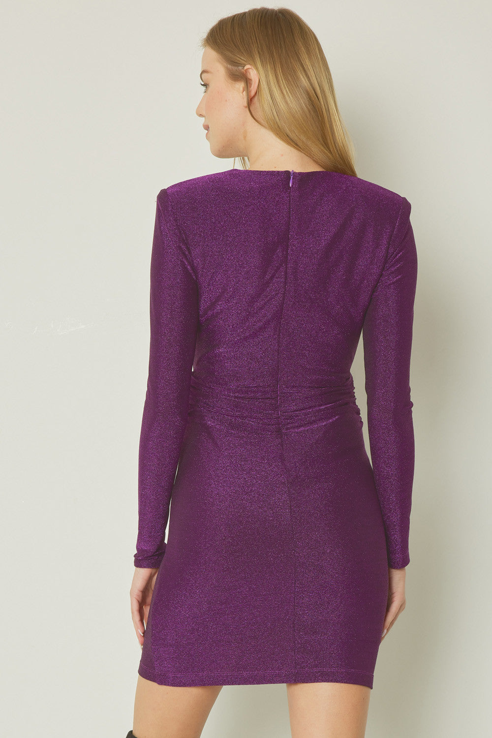 Entro Purple Glittery V-Neck Long Sleeve Mini Dress Featuring Knot Detail At Waist Front-Dresses-Entro-Deja Nu Boutique, Women's Fashion Boutique in Lampasas, Texas