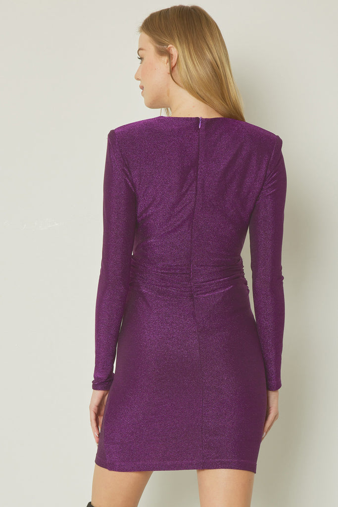 Entro Purple Glittery V-Neck Long Sleeve Mini Dress Featuring Knot Detail At Waist Front-Dresses-Entro-Deja Nu Boutique, Women's Fashion Boutique in Lampasas, Texas